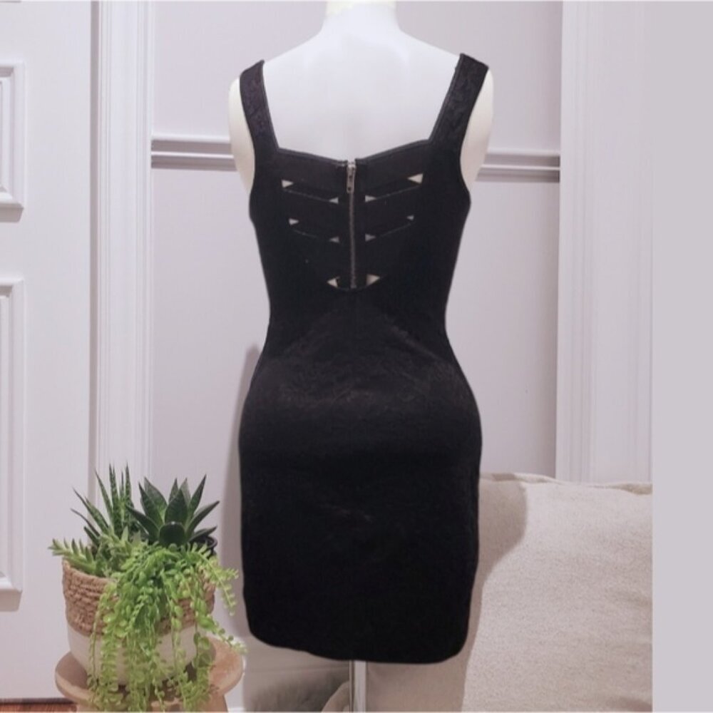 Material Girl Strappy Cross-over Back Lace Floral Black Dress